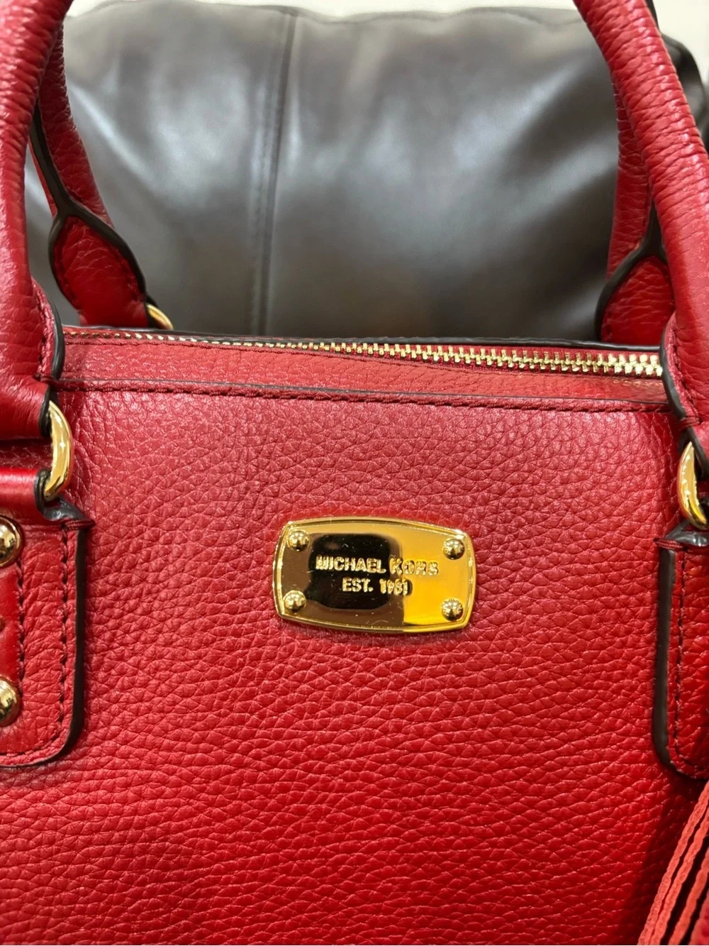 NWT Michael Kors Red Sandrine Pebbled Leather Satchel Handbag with Tassel $398